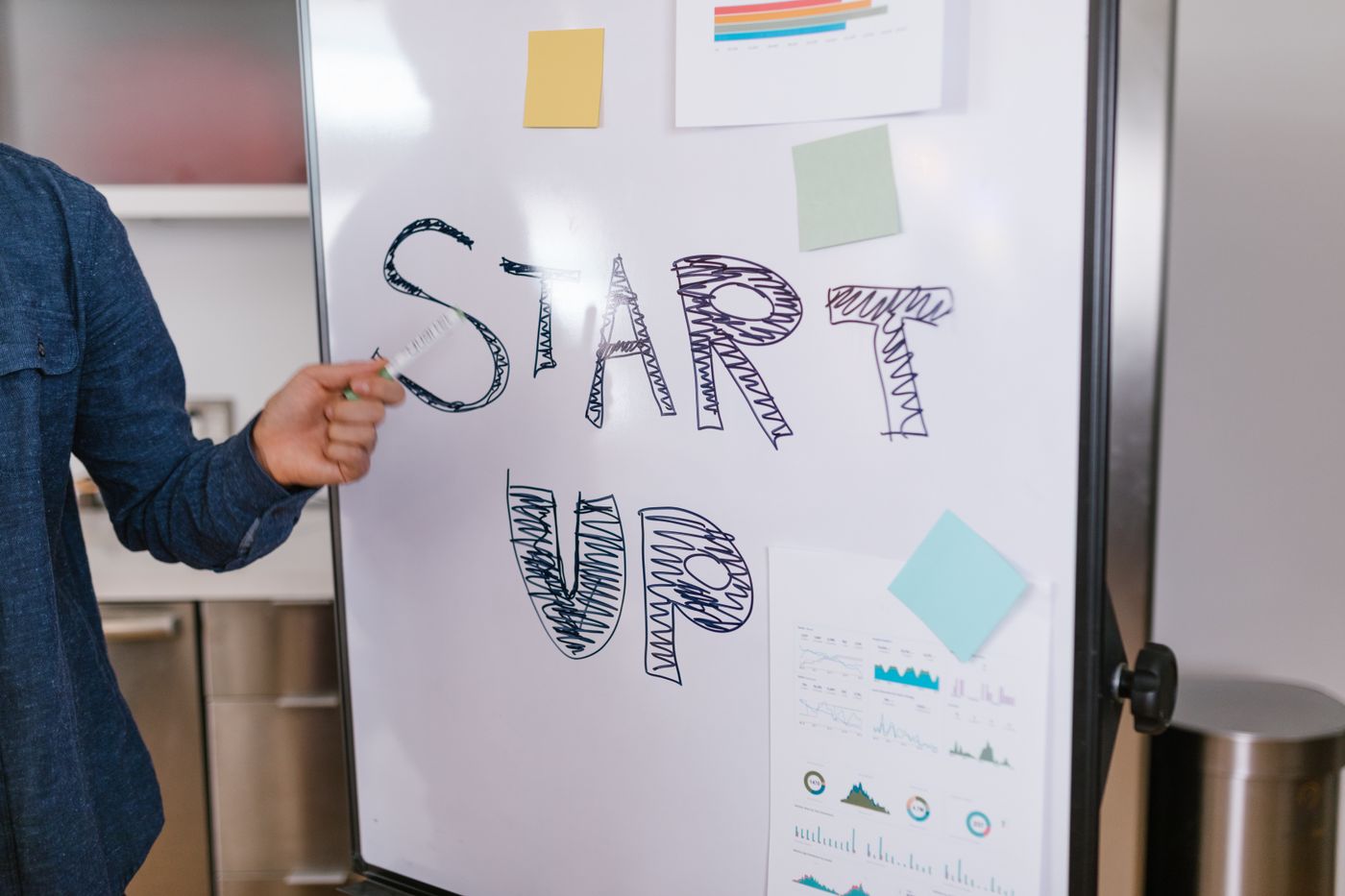 Whiteboard with a startup plan written on it